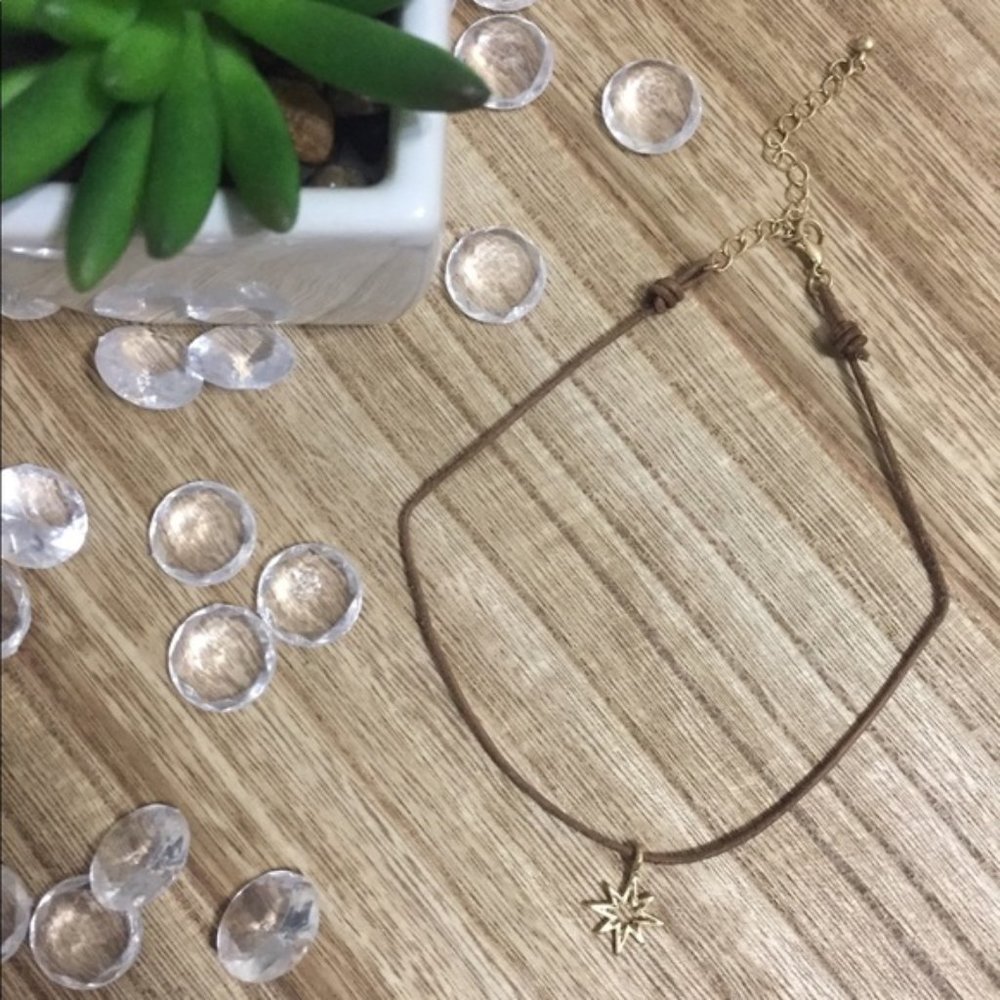 Goldtone North Star Charm Brown Cord Choker